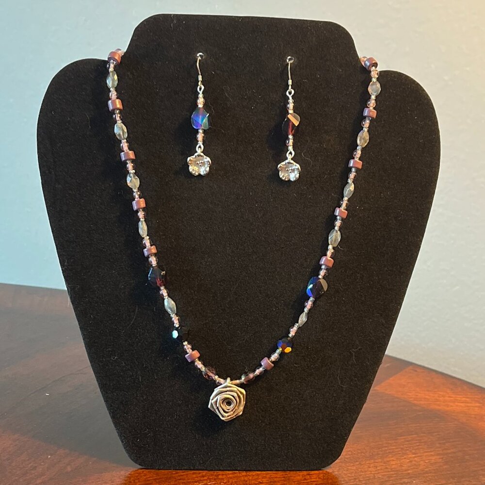 Handmade Beaded Necklace and Earrings Set - Purple with Silver Flower Charms